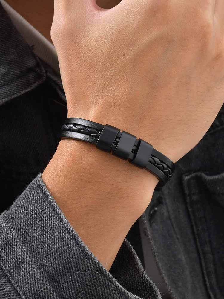 Kemstone Triple Layer PU Leather Bracelet – Black Minimal Street Style for Men BL-826