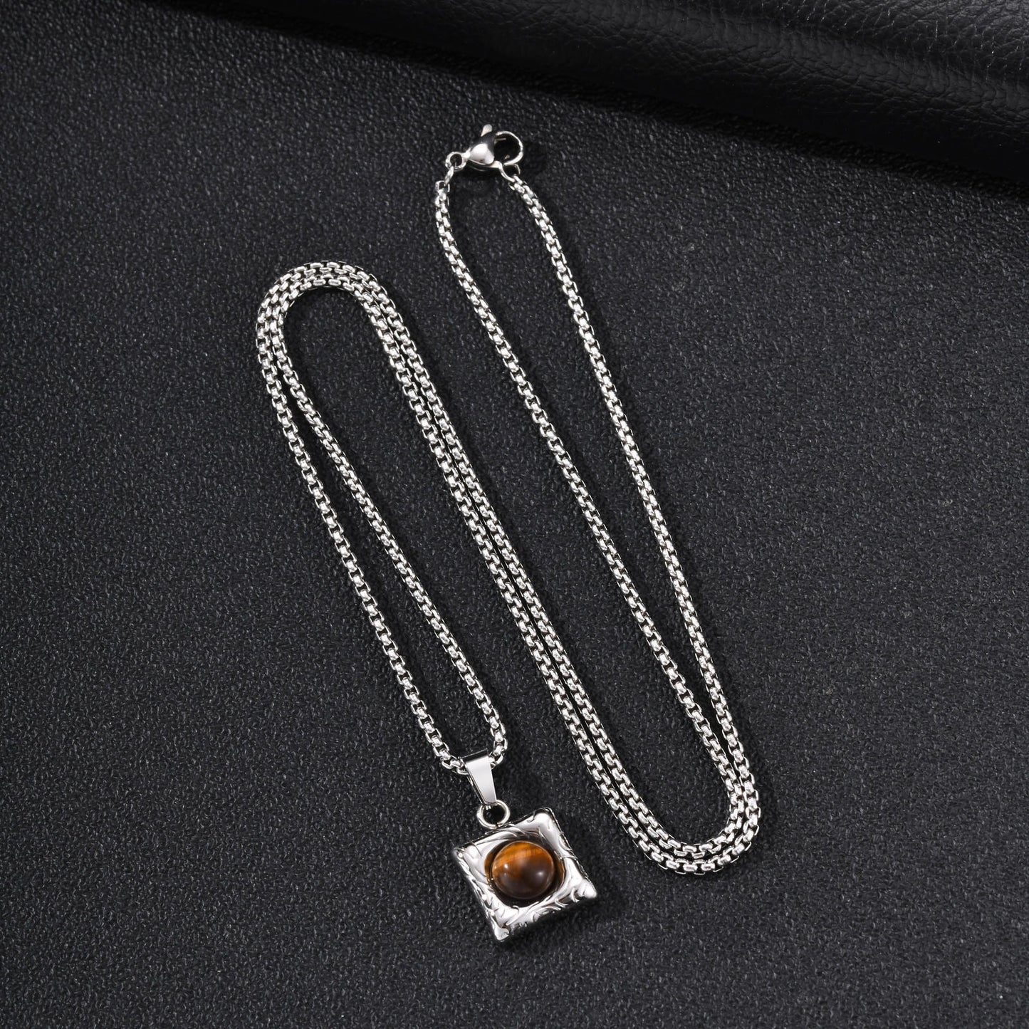 Kemston Stainless Steel Black Onyx Square Pendant Necklace for Men Minimal Stone Design PN-2421