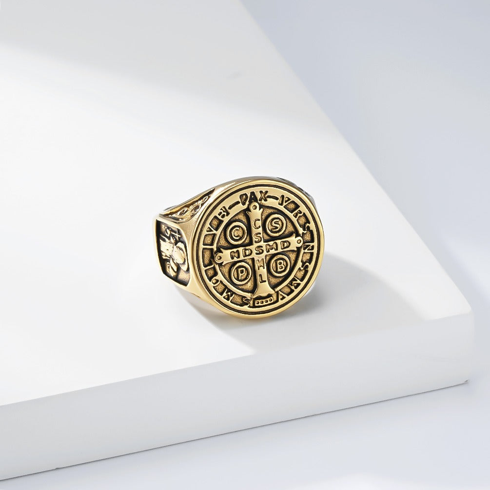 Kemstone Stainless Steel Cross Medallion Ring for Men Vintage Engraved Coin Signet Seal Symbol Silver Gold Black K-R1143