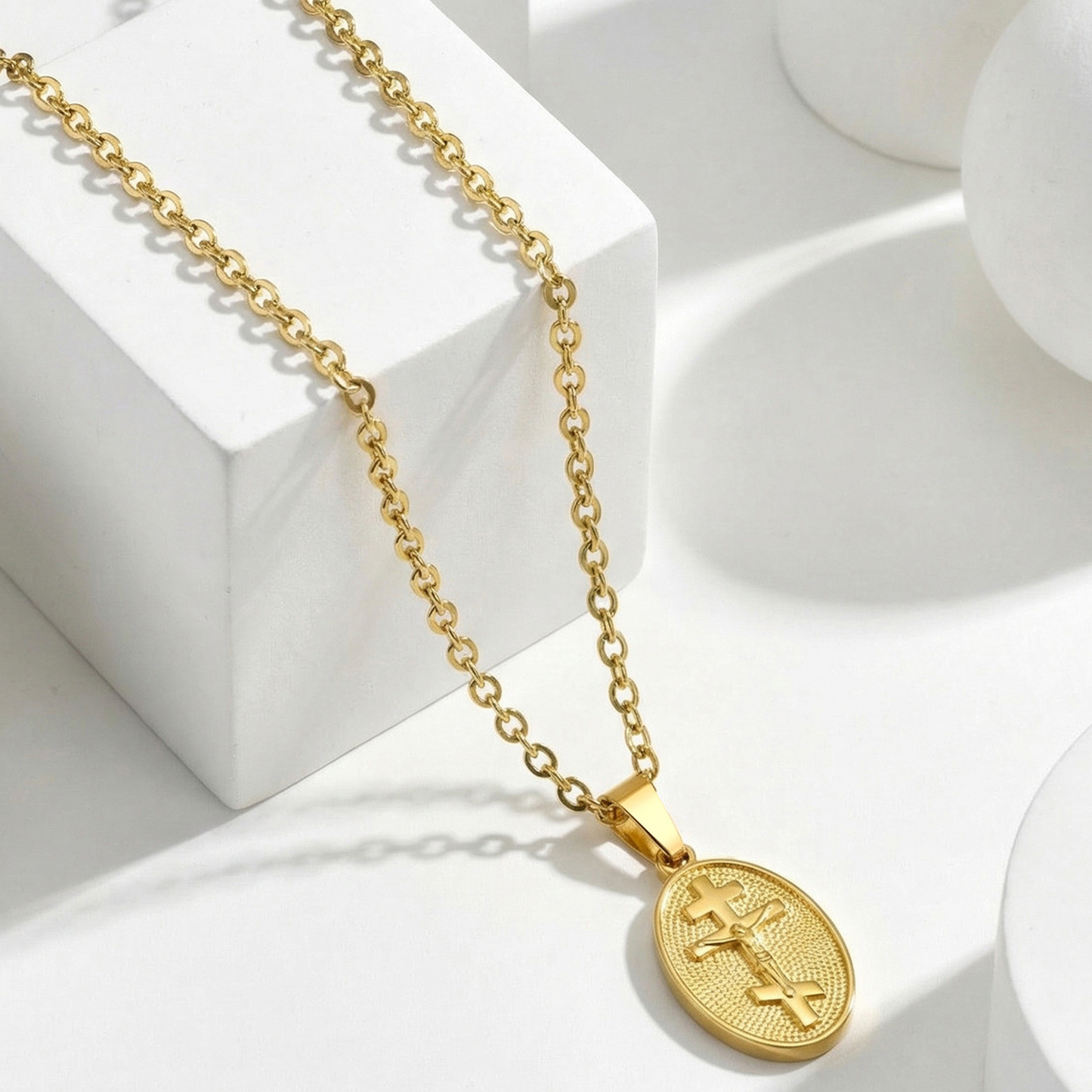 Kemstone Vintage Cross Oval Pendant Necklace Stainless Steel for Men & Women PN-2335