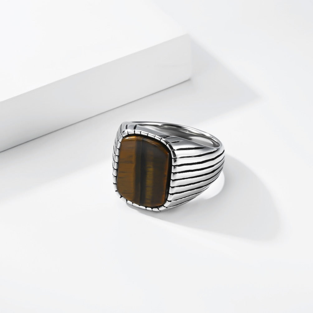 Kemstone Stainless Steel Tiger Eye & Turquoise Signet Ring for Men Square Stone K-R1174