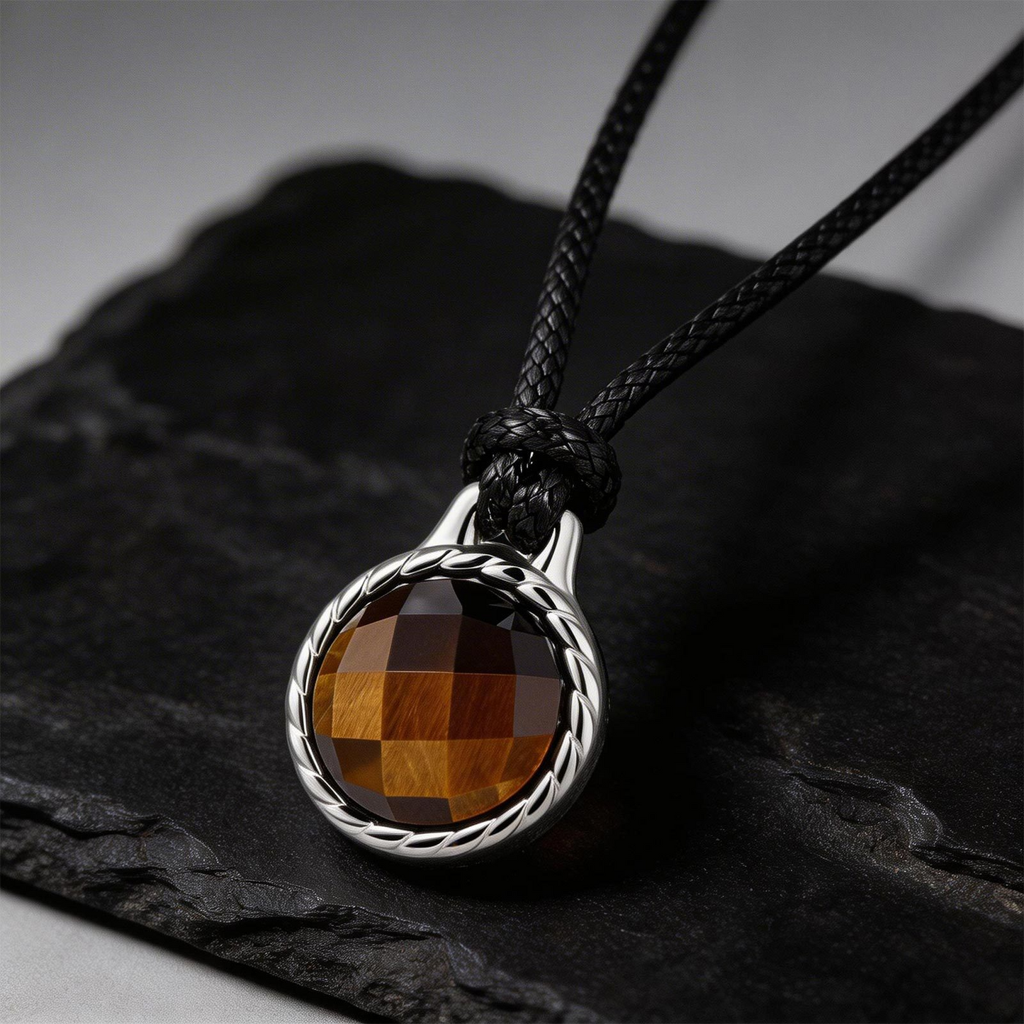 Kemstone Tiger Eye Stone Pendant Necklace Stainless Steel Vintage Rope for Men NC-2660