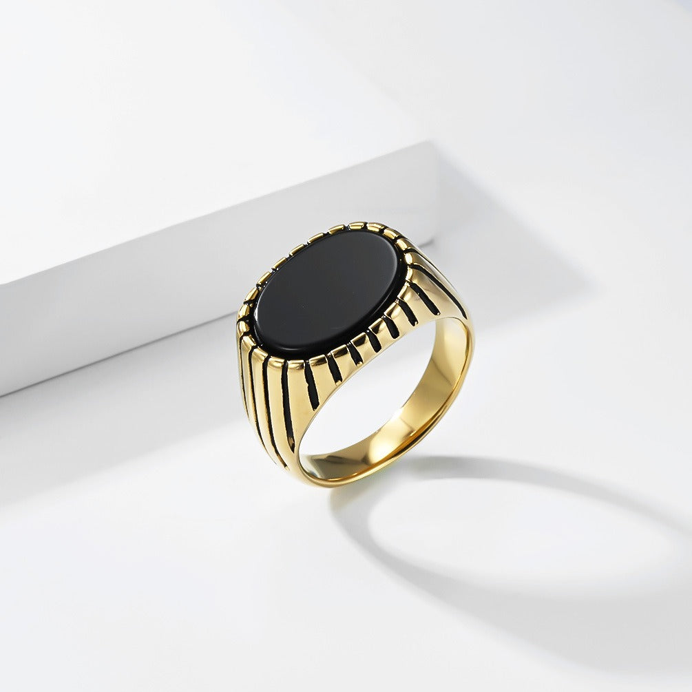 Kemstone Stainless Steel Black Stone Signet Ring for Men Vintage Oval K-R1177