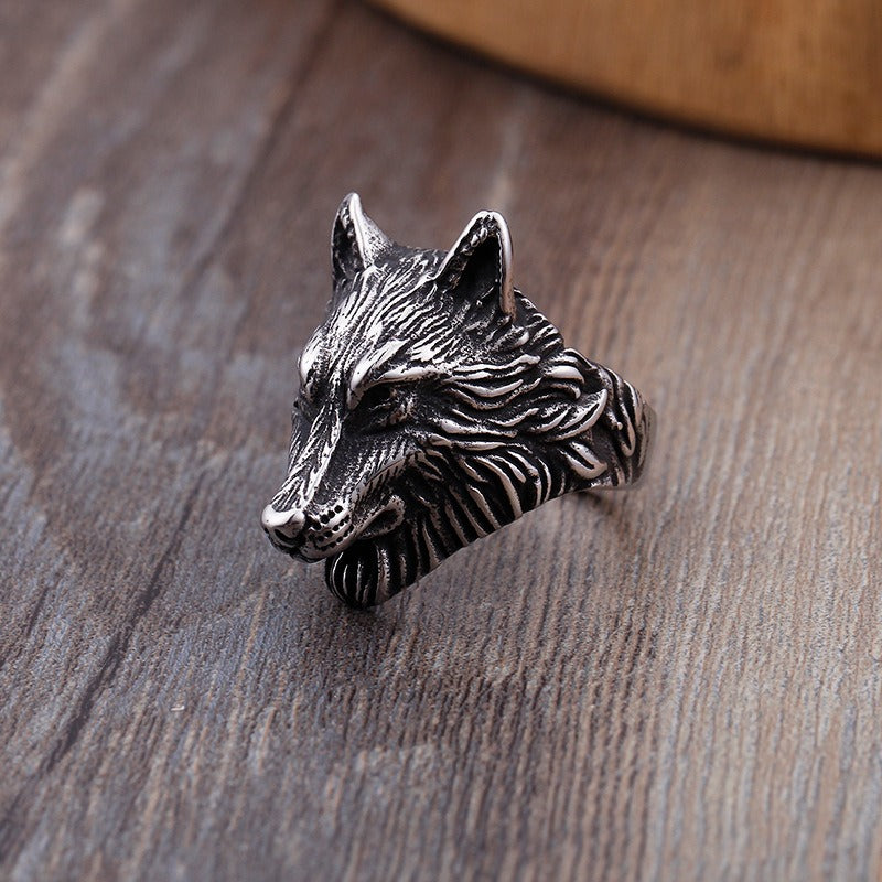 Kemstone Vintage Viking Wolf Head Titanium Steel Ring & Double Wolf Head Chain Bracelet Set - Punk Celtic Knot Adventure Jewelry for Men 	KR48275