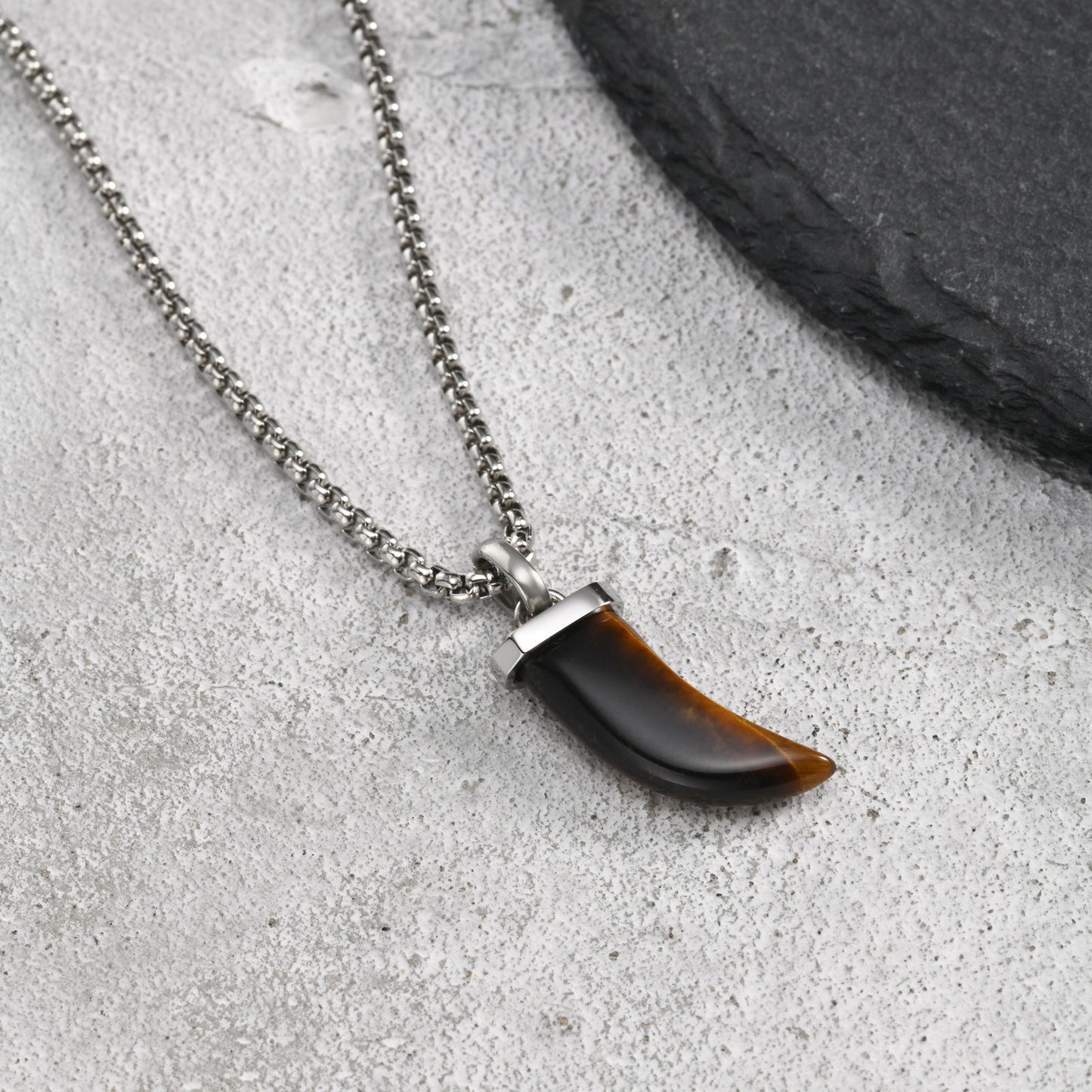 Kemstone Horn Pendant Necklace for Men & Women Stainless Steel Tiger Eye Black Agate PN-2438