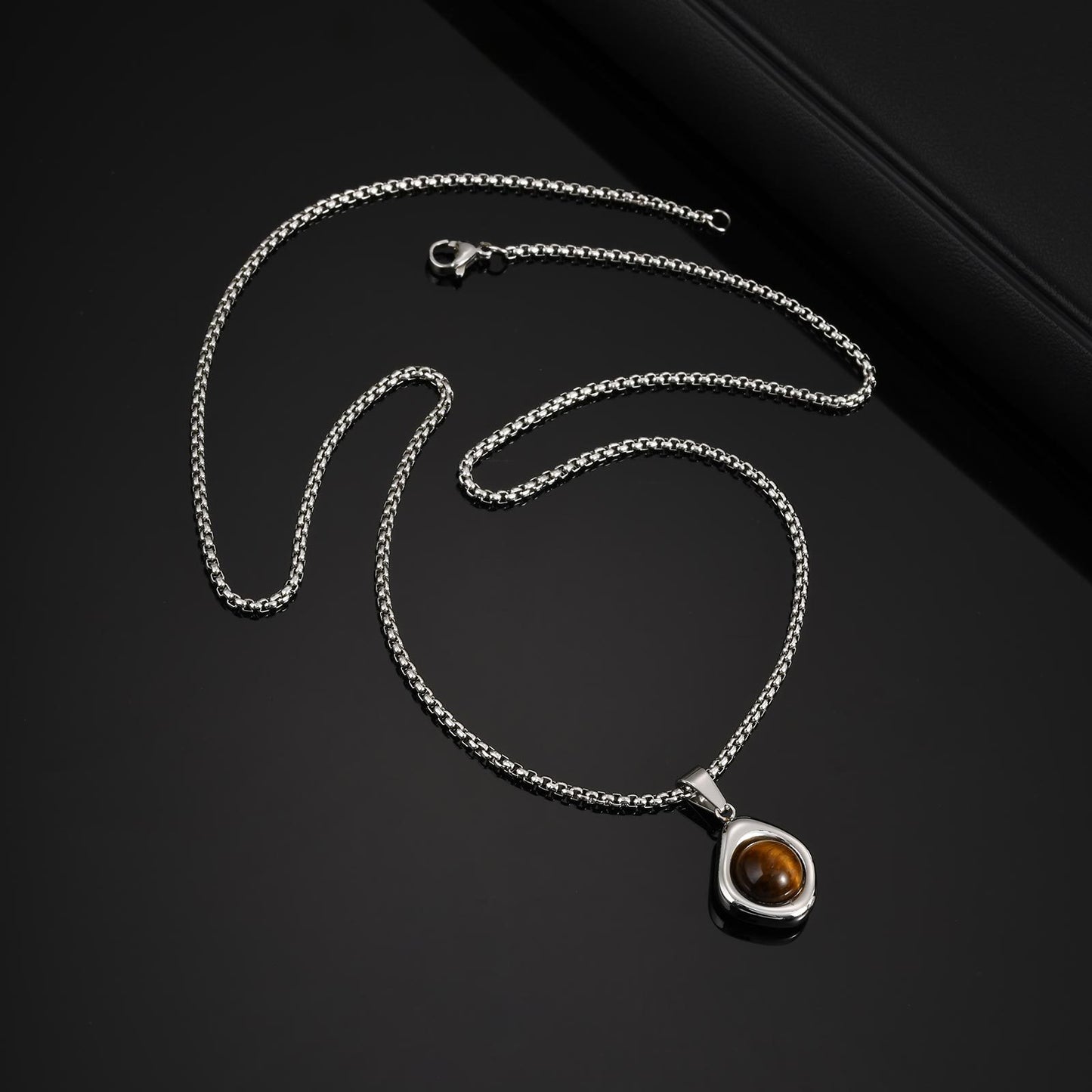 Kemstone Men’s Stainless Steel Pendant Necklace – Irregular Tiger Eye Onyx PN-2189