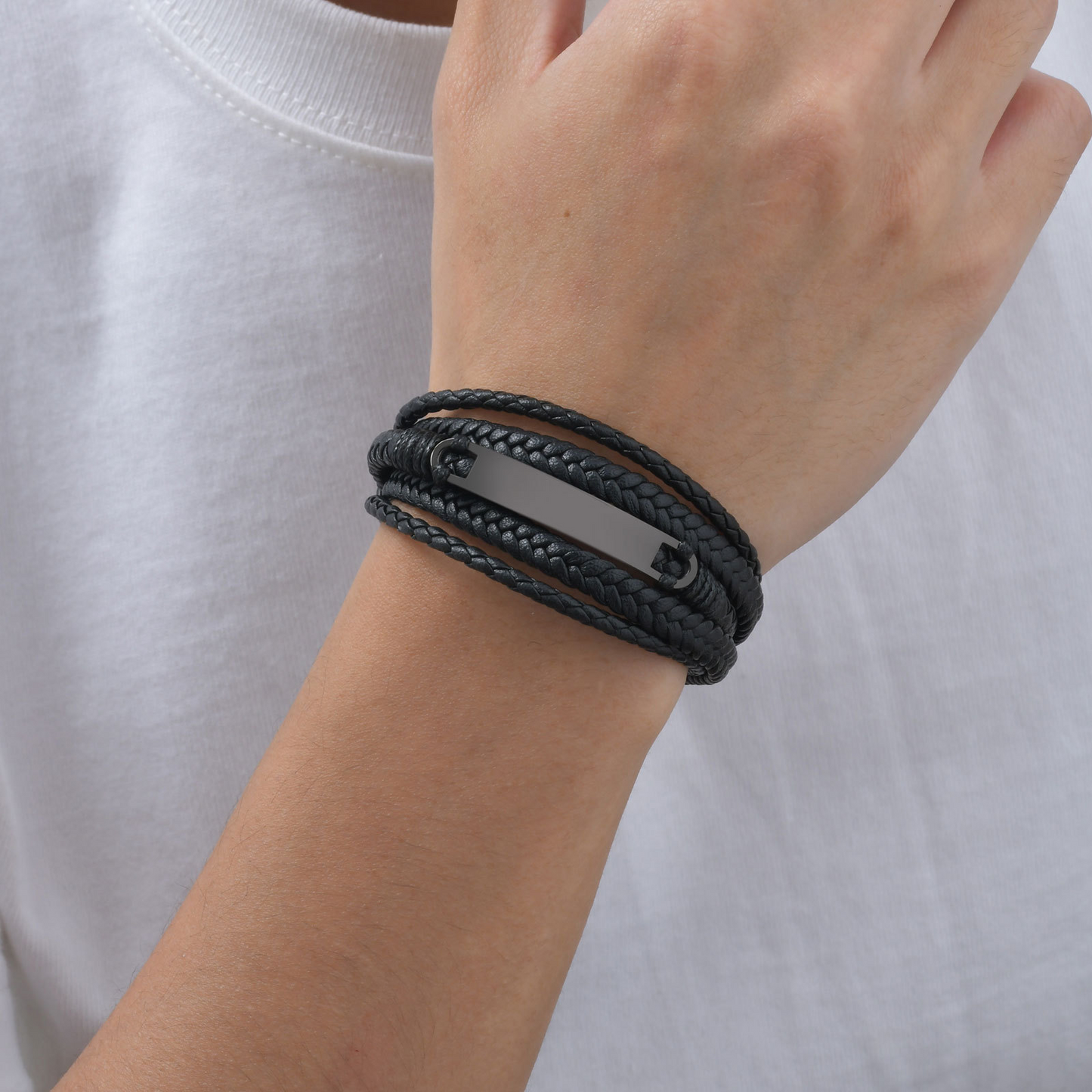 Kemstone Stainless Steel Curved Plate Multi-Layer PU Leather Bracelet for Men – Black Double Wrap Design BL-783