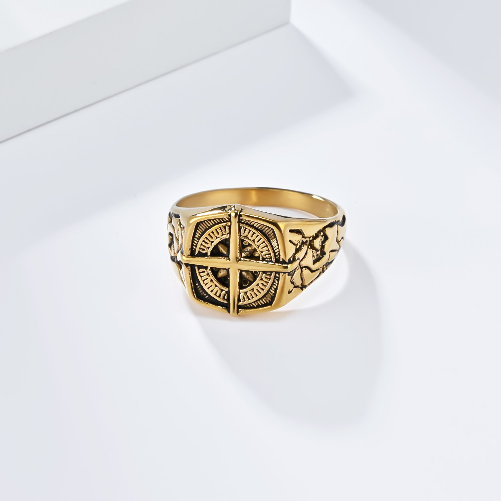 Kemstone Nautical Compass Stainless Steel Signet Ring for Men – Vintage Cross Dial Design K-R853