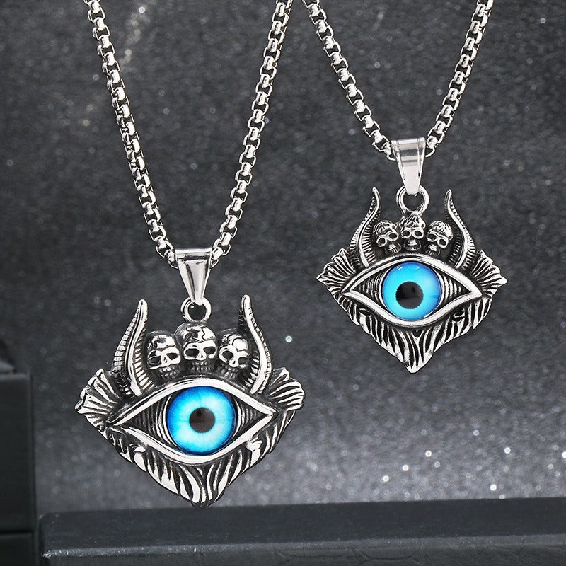 Colgante de calavera punk y abismo de Satán de Kemstone - Collar gótico de acero de titanio para hombre con diseño de mal de ojo y demonio KP119887