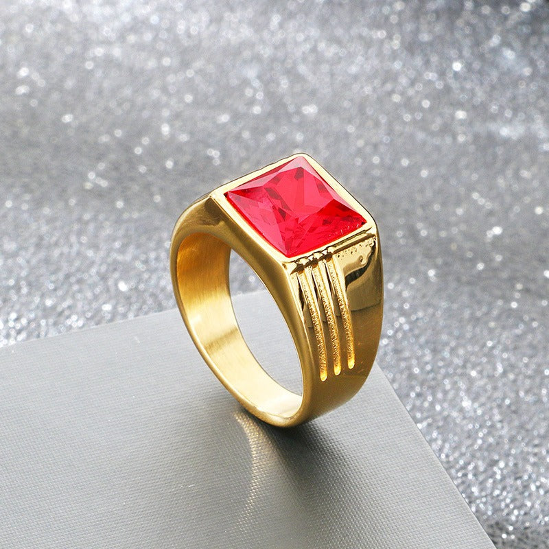 Kemstone Titanium Steel Square Red Stone Signet Ring for Men Vintage Gold Silver KR114482-MZOZ