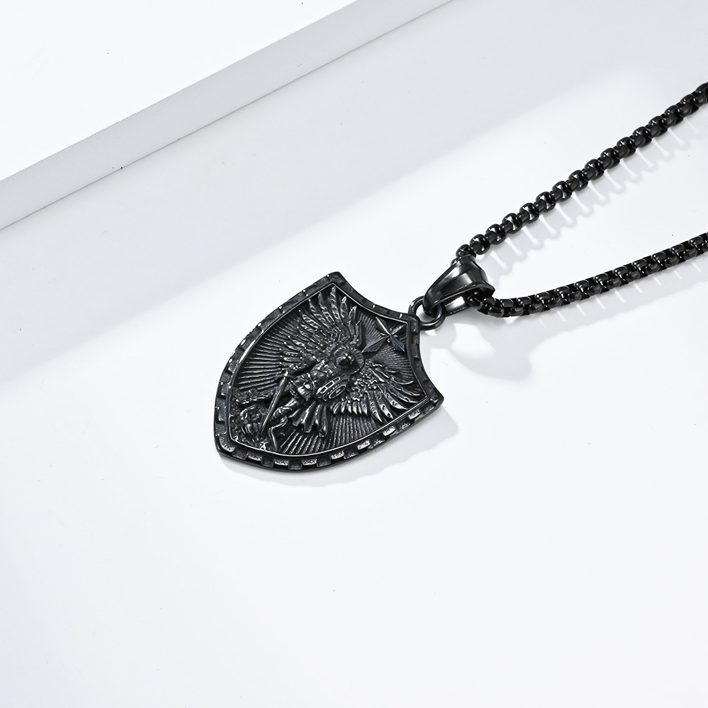 Kemstone Winged Shield Stainless Steel Pendant Necklace for Men – Vintage Relief Cross-Form Design K-PT515