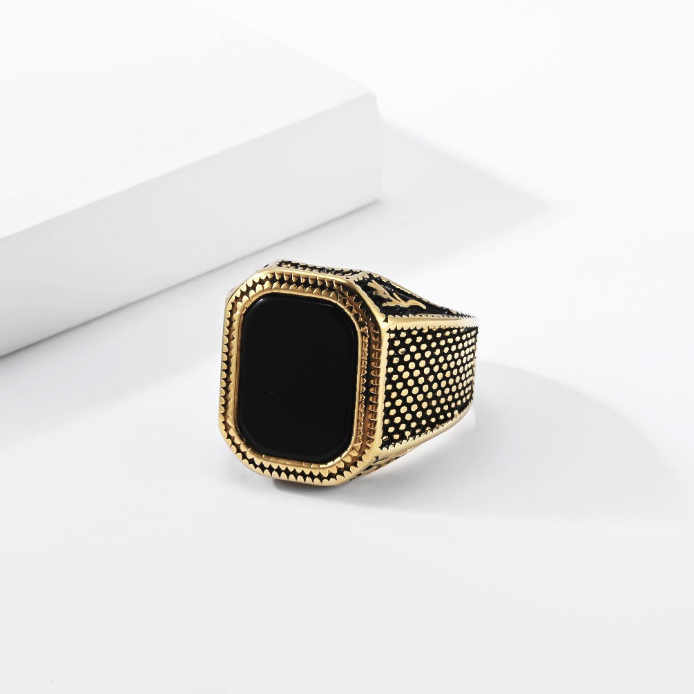 Kemstone Black Stone Signet Ring for Men Stainless Steel Textured Wide Band Vintage K-R1210