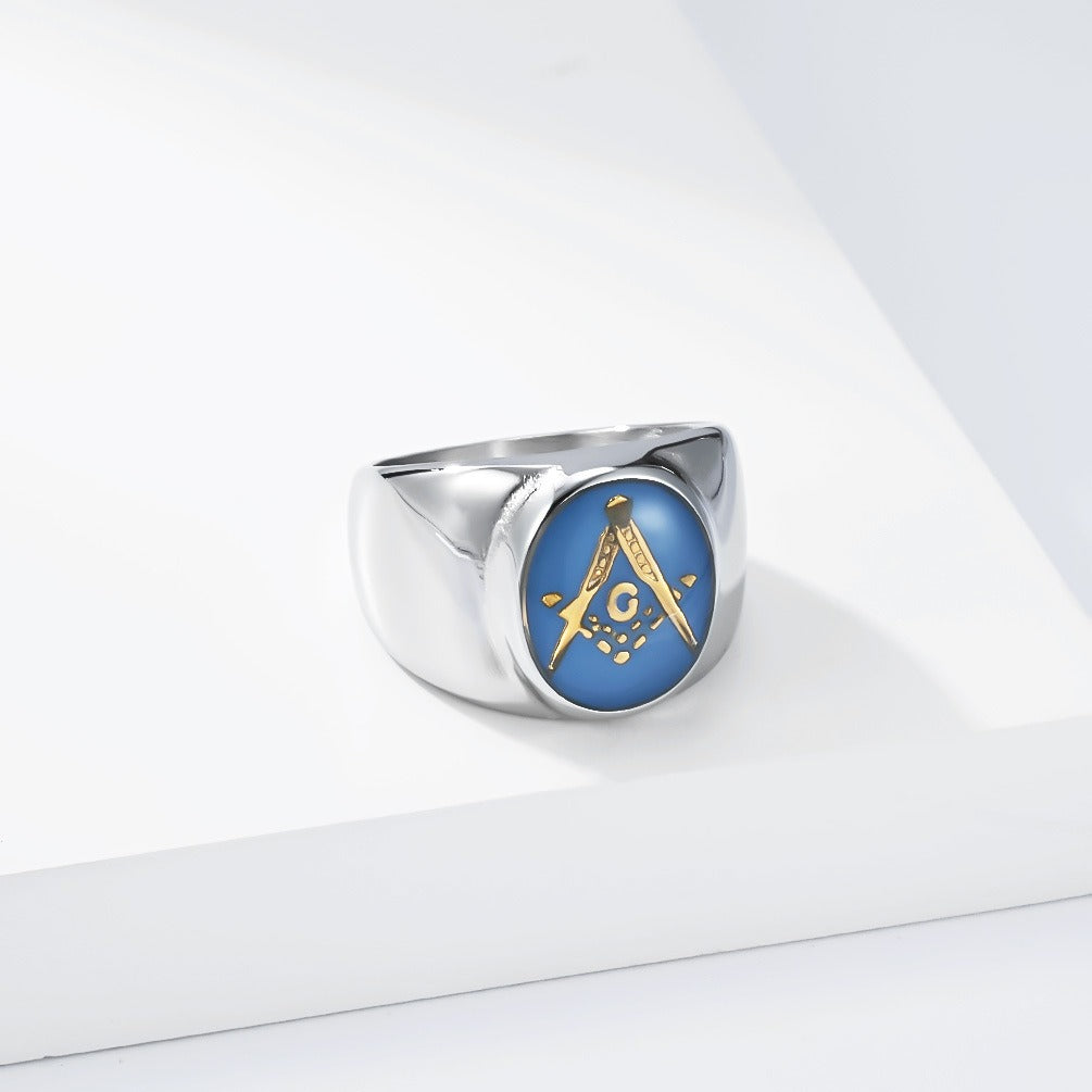 Kemstone Stainless Steel Freemason Blue Emblem Signet Ring for Men Vintage Symbol K-R1182