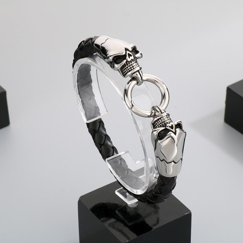 Kemstone Titanium Steel Leather Bracelet for Men Vintage Dragon Tiger Anchor Clasp KB87977-BD