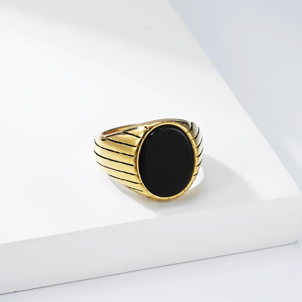 Kemstone Stainless Steel Black Stone Signet Ring for Men – Modern Masculine Oval Band K-R1175