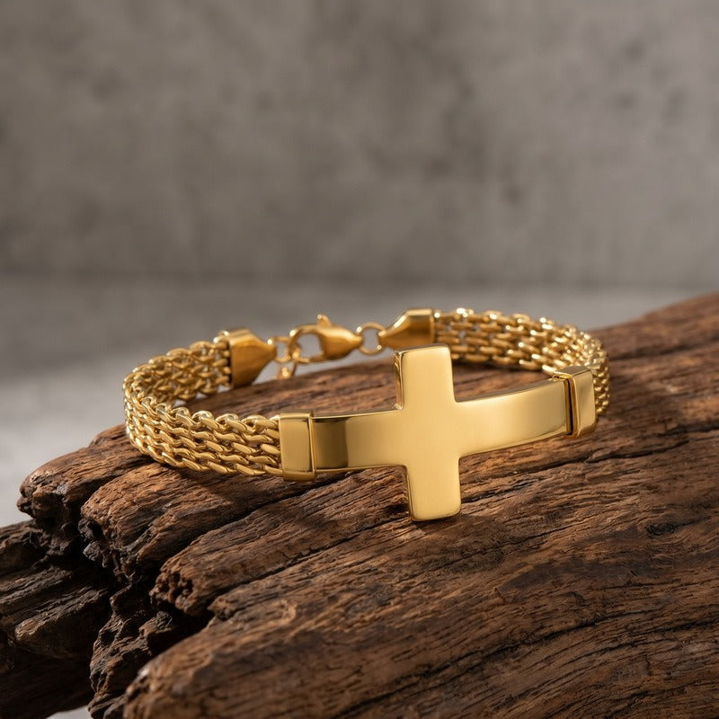 Kemstone Curved Plate Cross Bracelet for Men Titanium Steel Mesh Chain KB213291-KFC