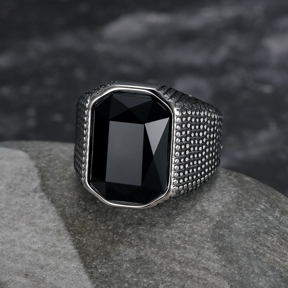 Kemstone Hip-hop Retro Distressed Zircon Men's Ring - Wide Band Stainless Steel Edgy Single Statement Piece TR0441