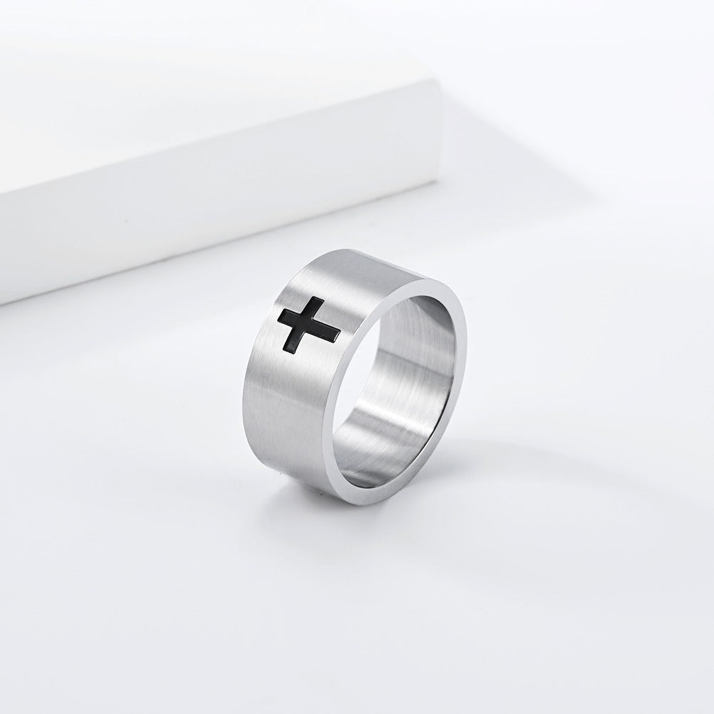 Kemstone Matte Cross Ring for Men Stainless Steel 10MM Wide Band Vintage K-R1209