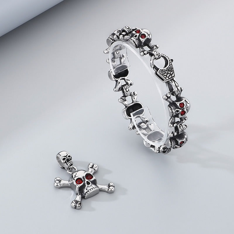 Kemstone Men’s Titanium Steel Skull Bracelet & Pendant – Red Cubic Zirconia Gothic Style KB149866-KJX