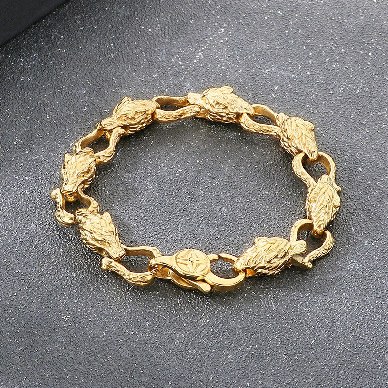 Kemstone Viking Tail-Biting Wolf Head Bracelet – Stainless Steel Vintage Design, Gold/Silver KB204389-KJX