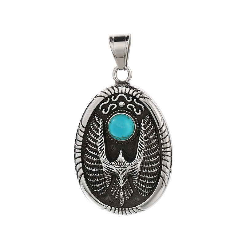 Kemstone Turquoise Eagle Amulet Necklace – Tribal Cross & Evil Eye Pendant for Men, Gothic Streetwear Jewelry KP100398