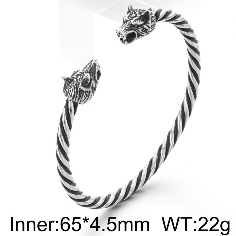 Kemstone Stainless Steel Viking Wolf Skull Cuff Bracelet for Men Twisted Rope Open Bangle KB96851-BD