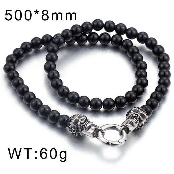 Kemstone Black Onyx Skull Bead Bracelet & Necklace – Titanium Steel with Cubic Zirconia Detail for Men B81841-BD