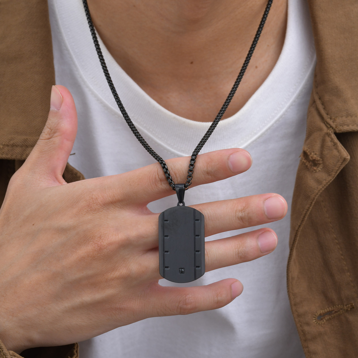 Stainless Steel Square Pendant Necklace for Men – Beveled Edge with Single Cubic Zirconia PN-2109