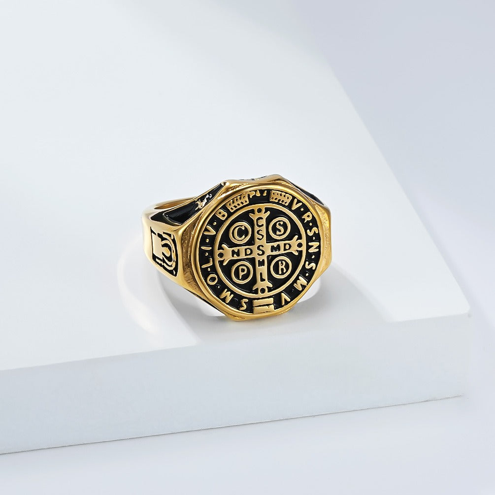 Kemstone Men’s Stainless Steel St. Benedict Cross Ring – Vintage Protection Jewelry K-R1092