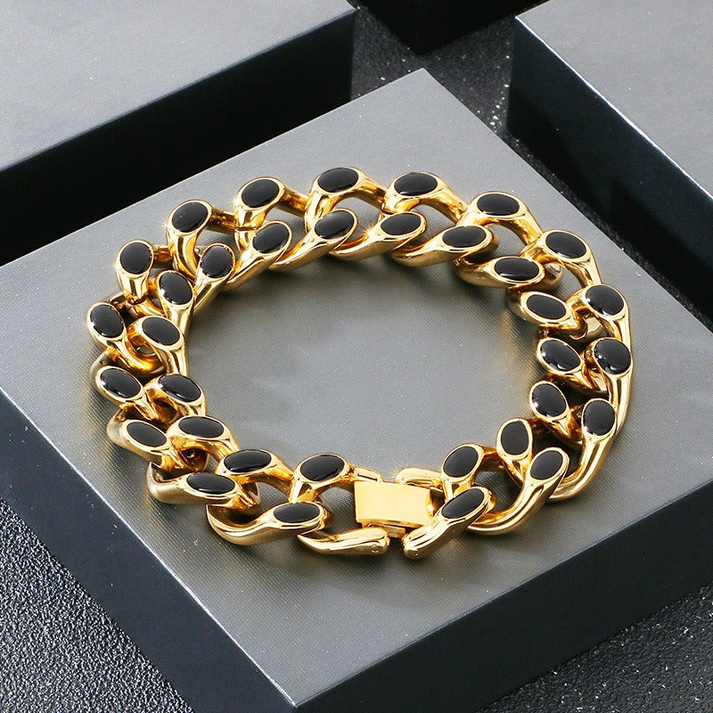 Kemstone Cuban Link Bracelet for Men Titanium Steel Black Inlay Chunky Heavy Chain Hip Hop Gold Silver KB202409-KJX