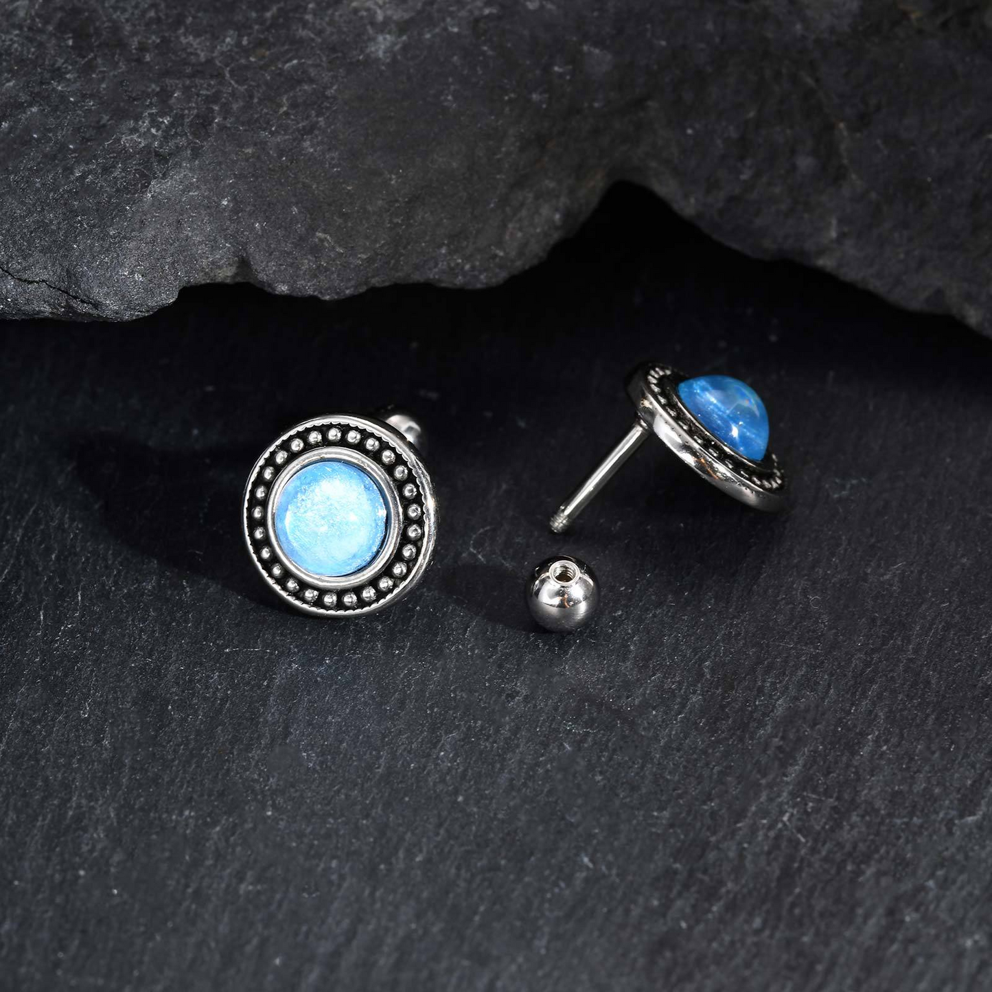 Kemstone Stainless Steel Blue Resin Stud Earrings for Men – Silver ES-769