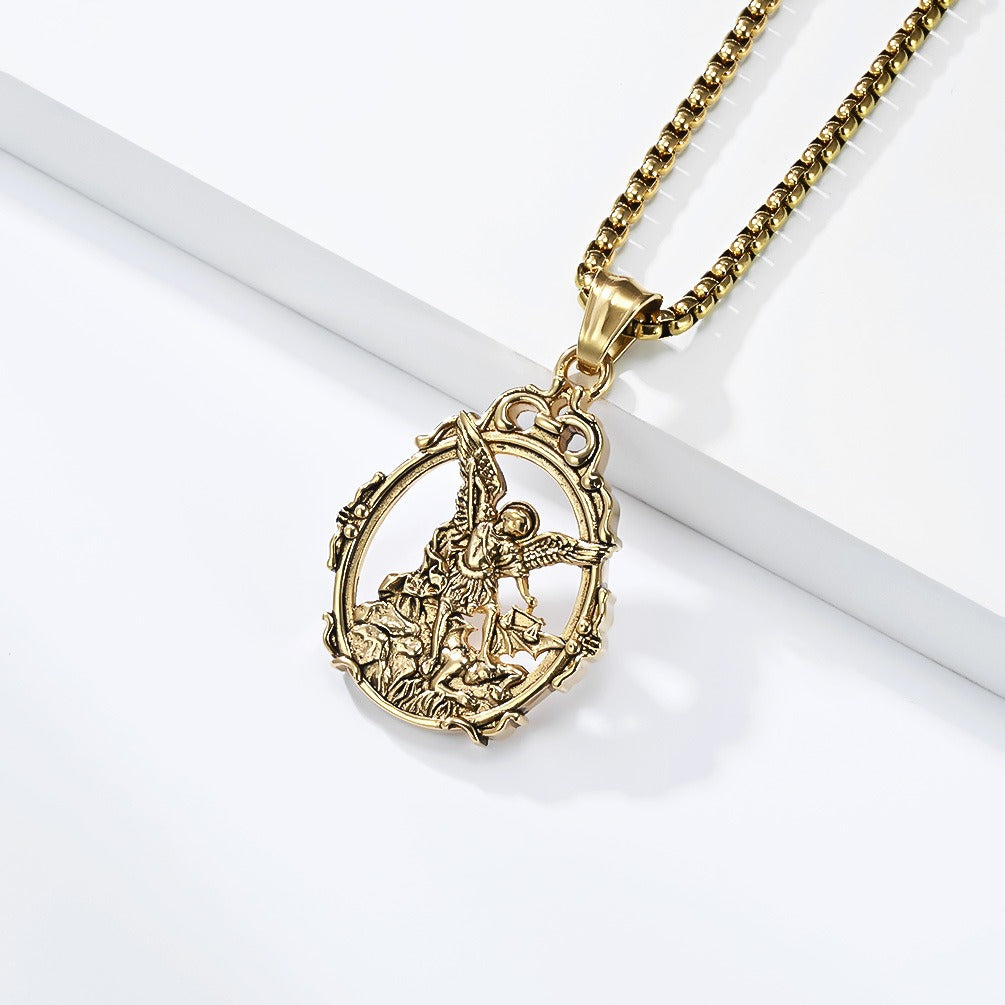 Kemstone Stainless Steel Angel Pendant Necklace for Men Vintage Relief Archangel Medallion Oval Silver Gold Black K-PT711