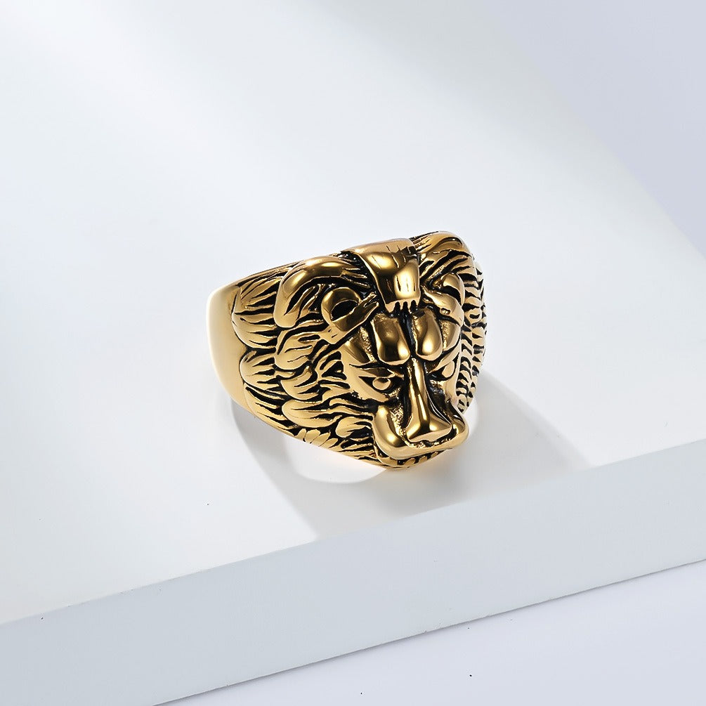 Kemstone Stainless Steel Lion Head Ring for Men Vintage Textured K-R1066