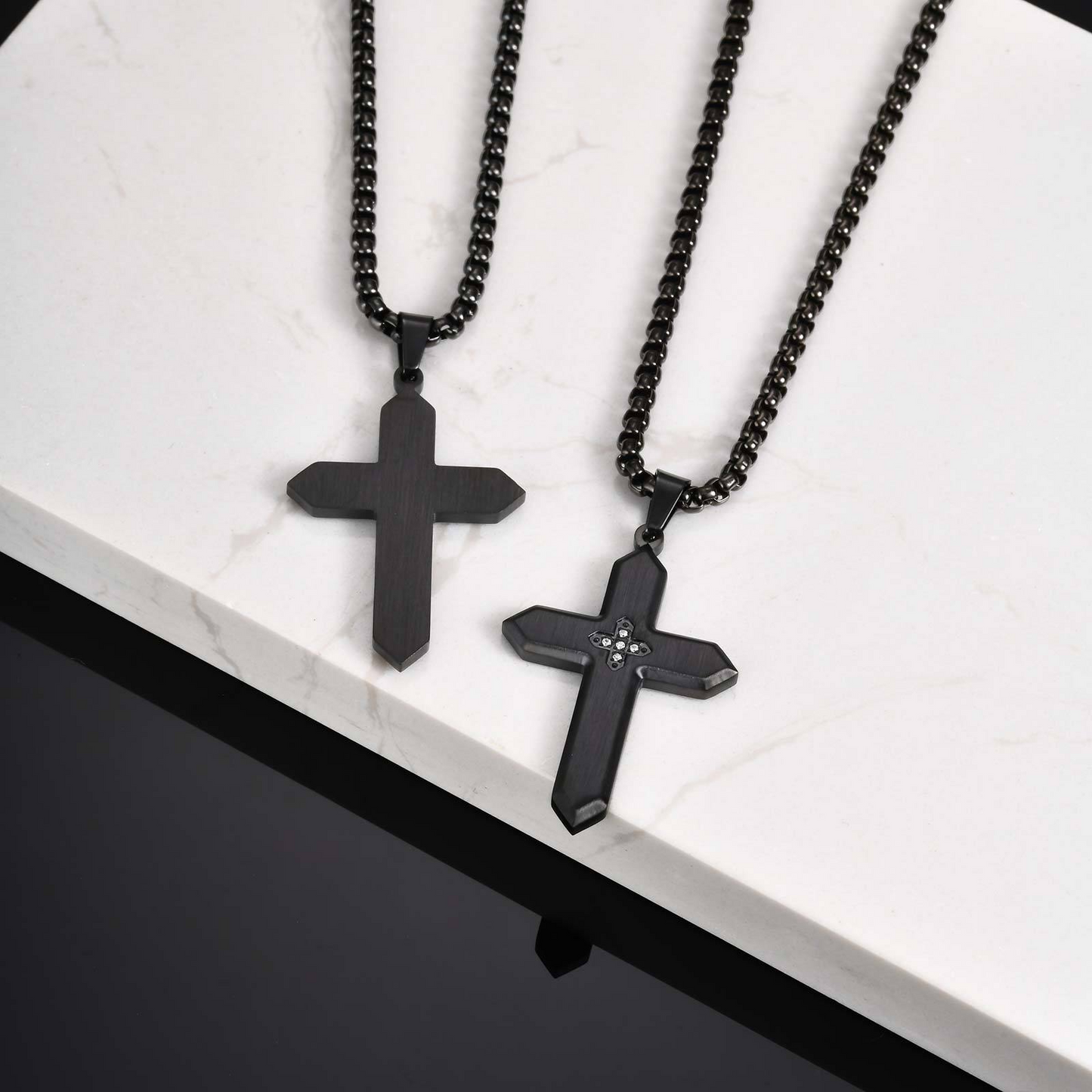 Kemstone Stainless Steel Brushed Cross Pendant Necklace with Cubic Zirconia – Square Link Chain for MenPN-2198