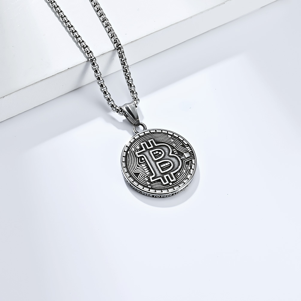 Kemstone Bitcoin Symbol Pendant Necklace for Men Stainless Steel Coin Style K-PT500