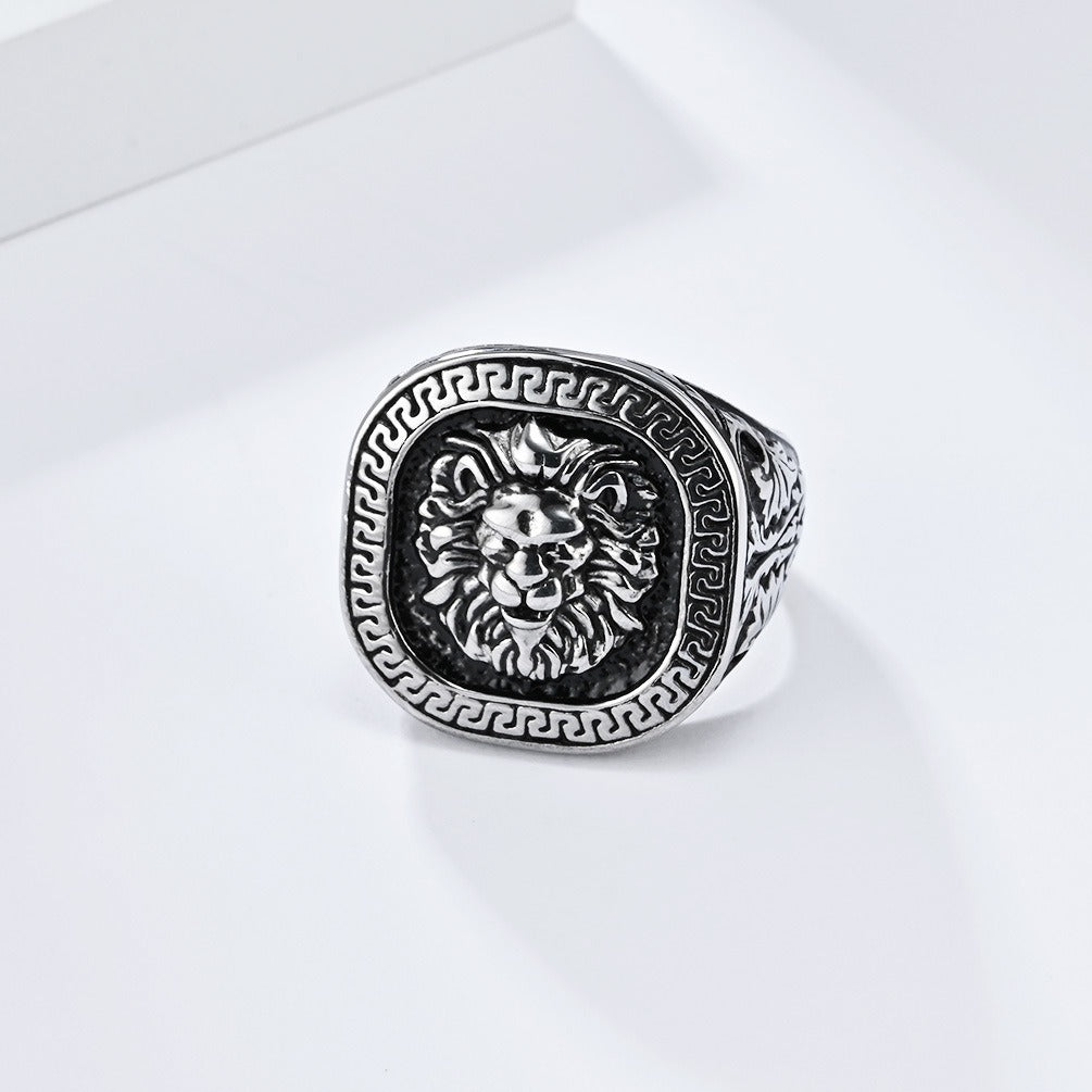 Kemstone Vintage Lion Head Signet Ring – Stainless Steel Greek Key for Men KR867