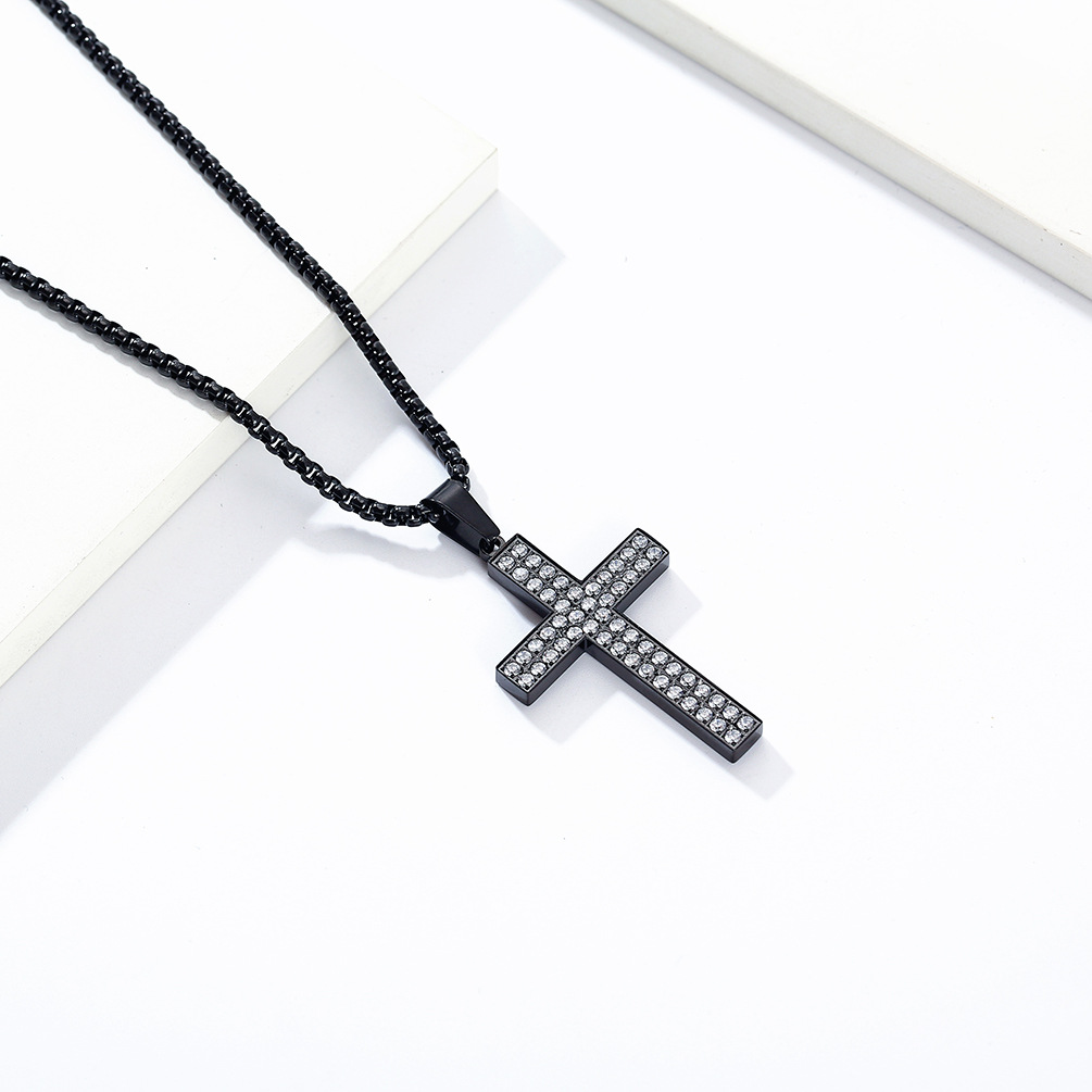 Kemstone Titanium Steel CZ Cross Necklace – Full Pave Cubic Zirconia Pendant for Men & Women K-PT477