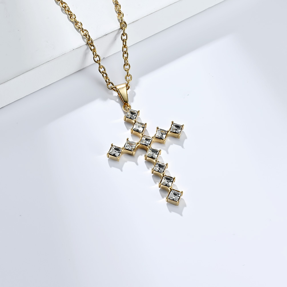 Kemstone Square Cubic Zirconia Cross Pendant Necklace for Men Stainless Steel K-PT502