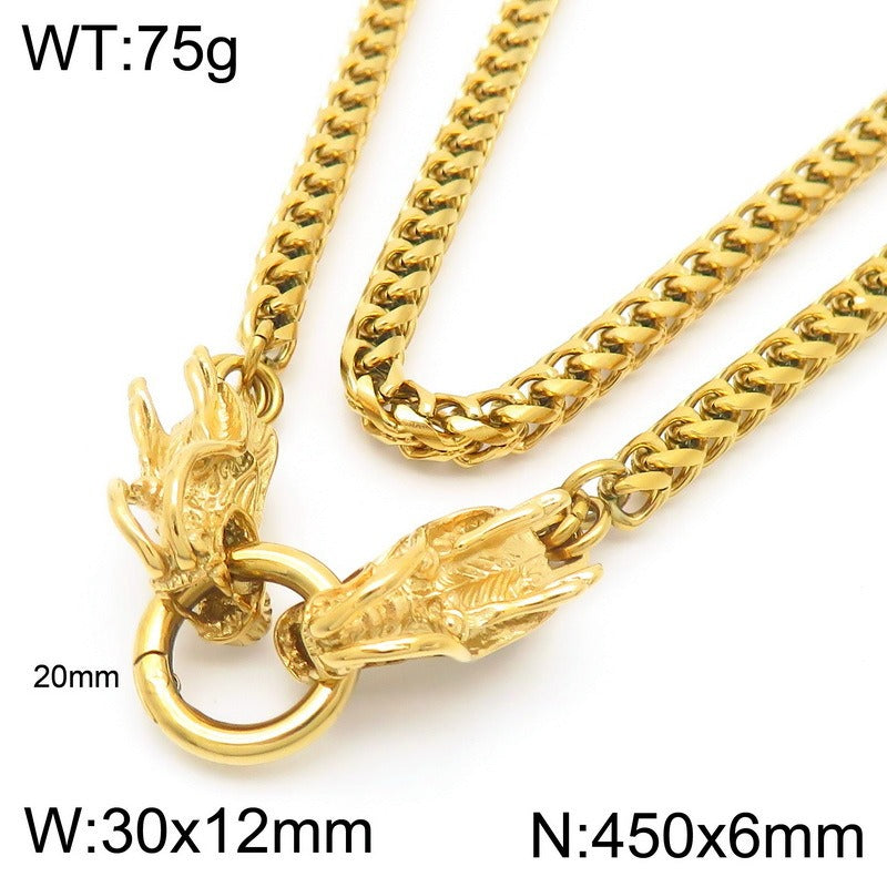 Kemstone Dragon & Skull Clasp Chain Necklace – 6mm Stainless Steel Viking Punk Style KN290995-Z