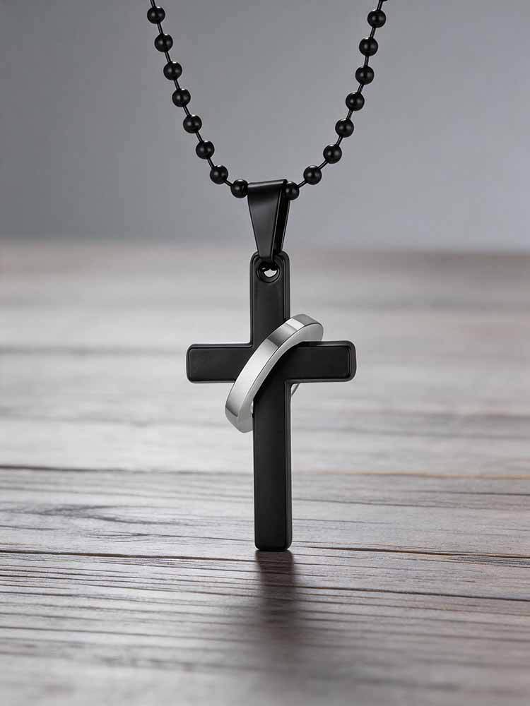 Kemstone Stainless Steel Cross Ring Pendant Necklace for Men Silver Black NC-3002