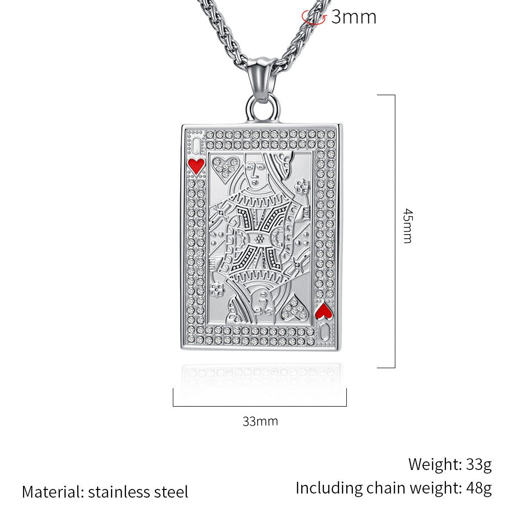 Kemstone Stainless Steel Playing Card Pendant Necklace for Men Women Iced Heart King K-PT719