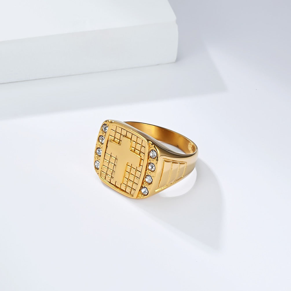 Kemstone Men’s Stainless Steel Cross Ring – CZ Inlaid Signet Jewelry K-R1078