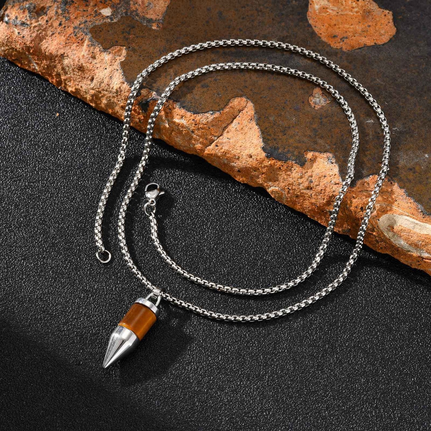 Kemstone Stainless Steel Cylinder Pendant Necklace – Stone Inlay Style for Men PN-2228