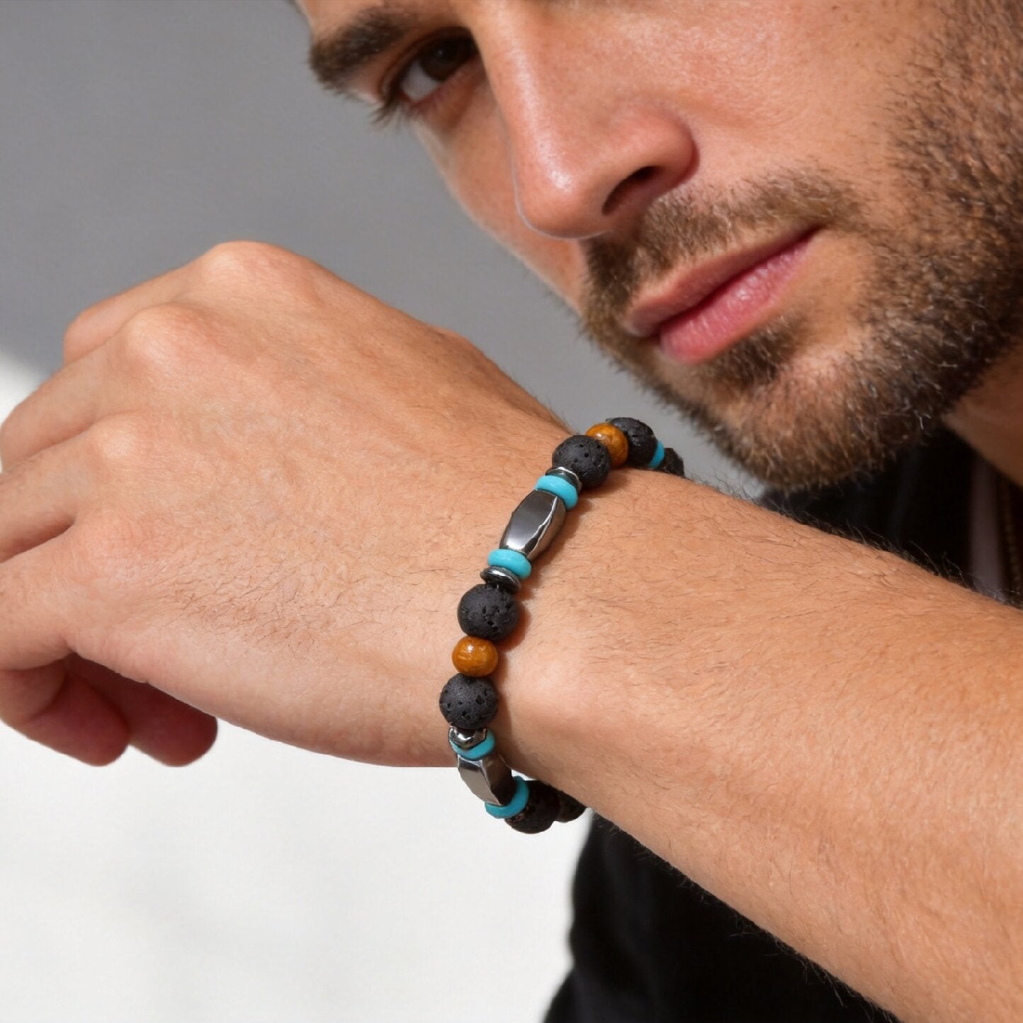 Kemstone Mixed Black Beaded Bracelet for Men Stainless Steel Spacer Stretch Chain BR-3143