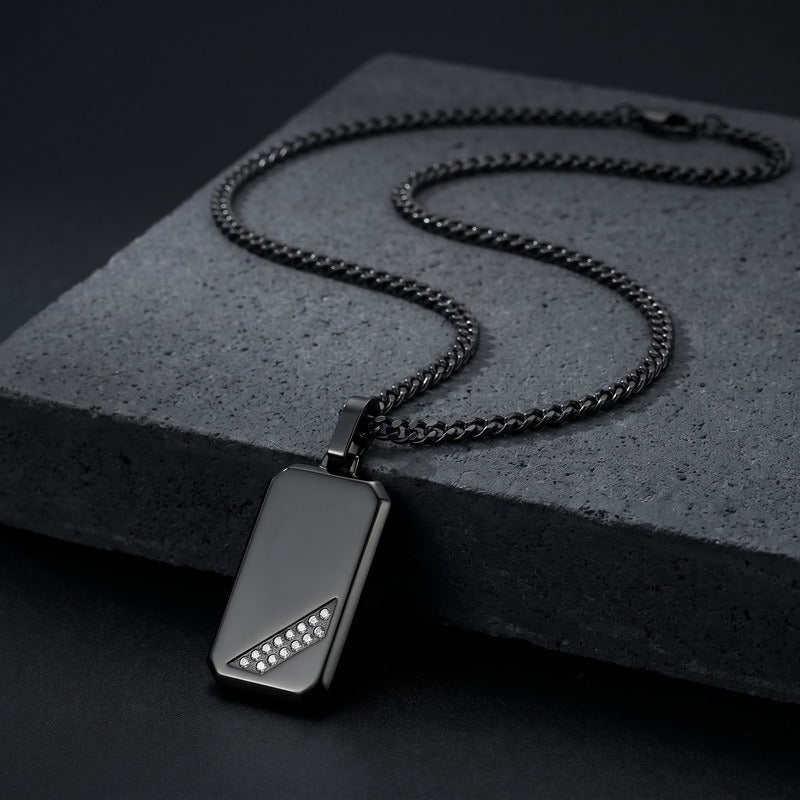 Kemstone Titanium Steel Tag Pendant Necklace for Men Angled Cubic Zirconia KN302396-KFC