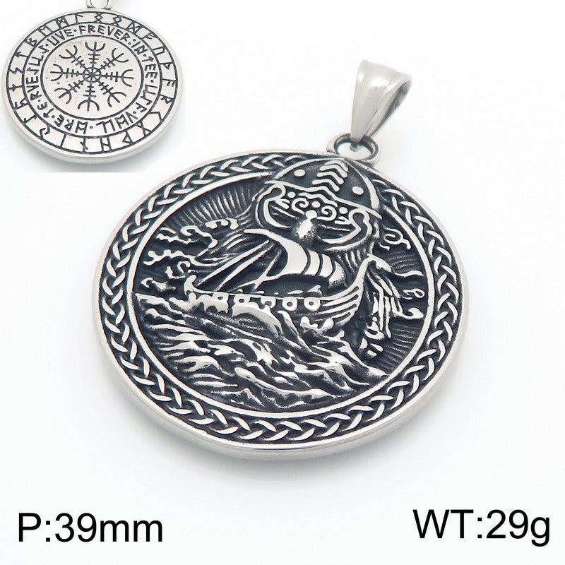 Kemstone Viking Warrior & Templar Cross Titanium Steel Pendant Necklace for Men – Norse Raven Axe Ship Emblem KP117019-LU