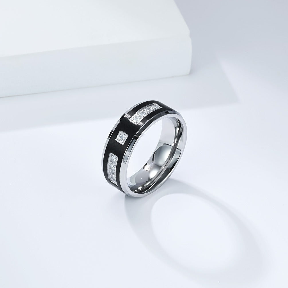 Kemstone Titanium Steel Cubic Zirconi Inlay Ring for Men – Two-Tone 8mm Style K-R1097