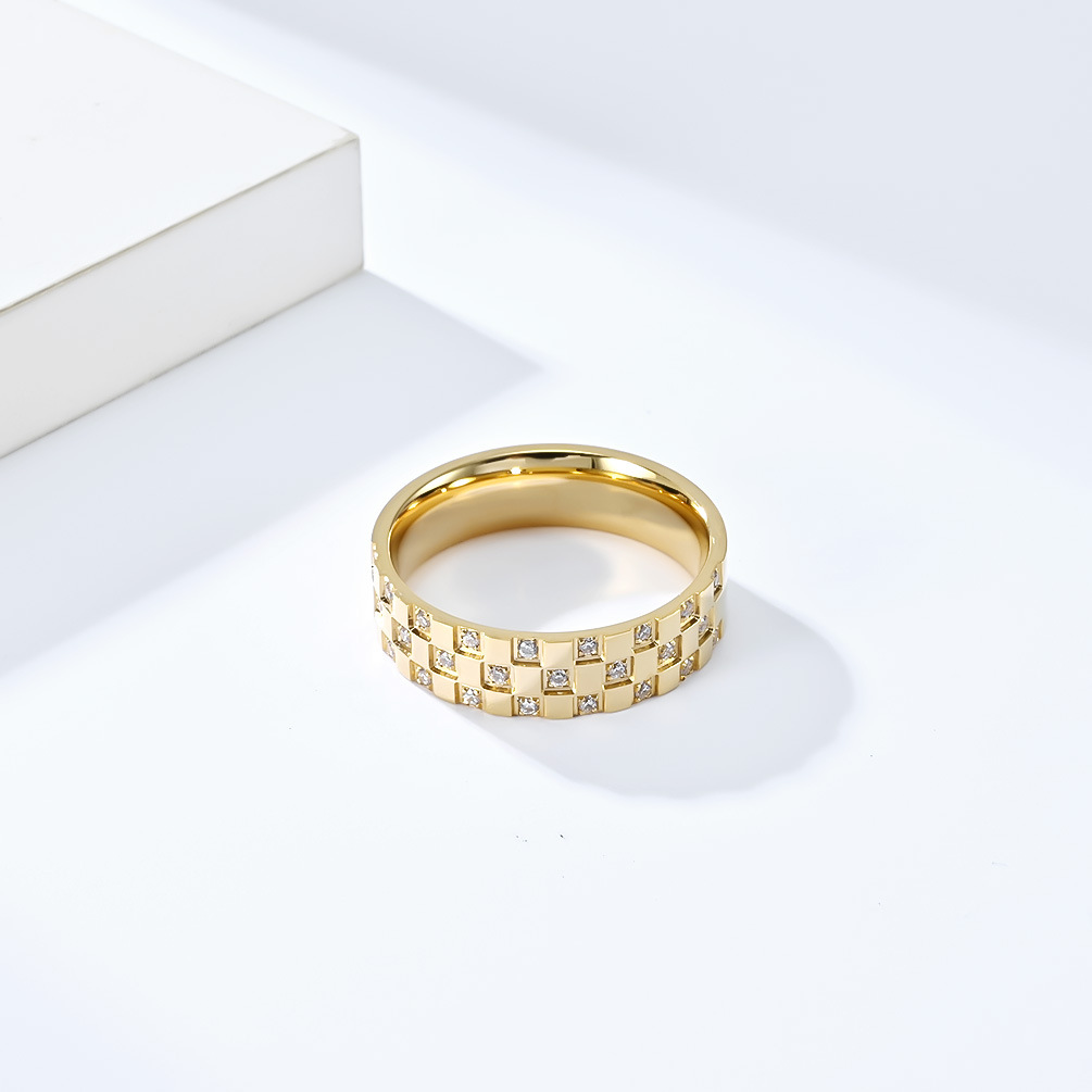 Kemstone Titanium Steel Grid Cubic Zirconia Ring Geometric Design for Men Women K-R743
