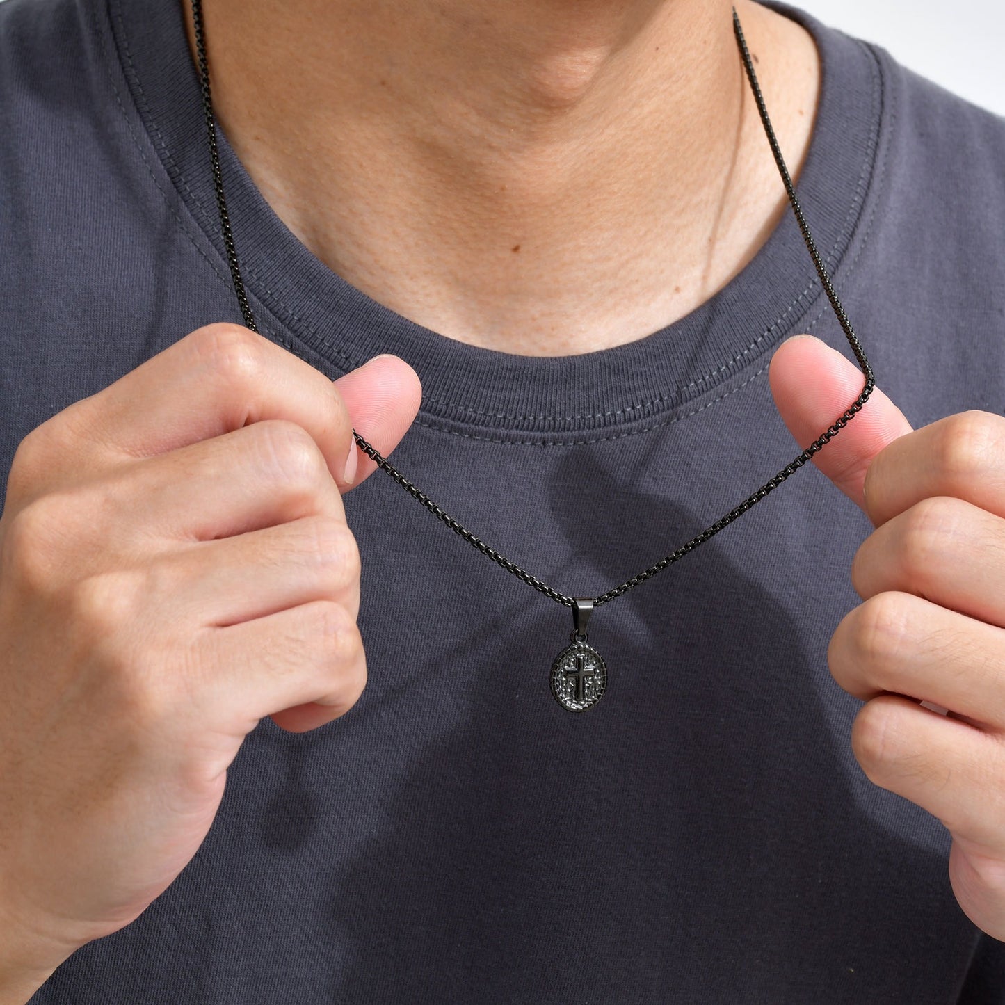 Kemstone Men’s Stainless Steel Cross Oval Pendant Necklace – Silver Black PN-2182