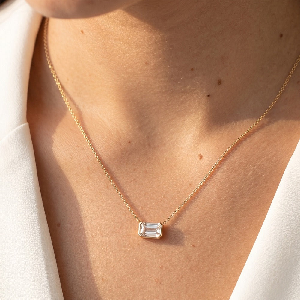 Kemston Emerald Cut Moissanite Pendant Necklace for Women 925 Sterling Silver SMON29